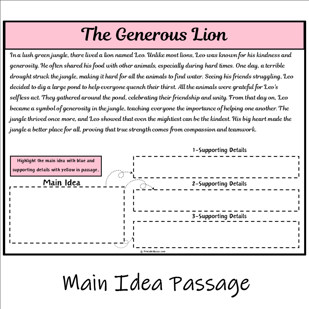 The Generous Lion | Main Idea and Supporting Details Reading Passage and Questions