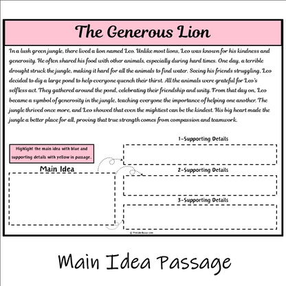 The Generous Lion | Main Idea and Supporting Details Reading Passage and Questions