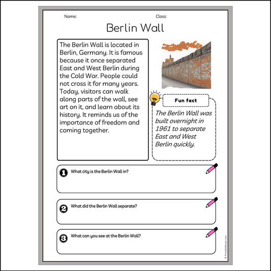 Berlin Wall | Reading Passage Comprehension Questions Writing Facts Worksheet