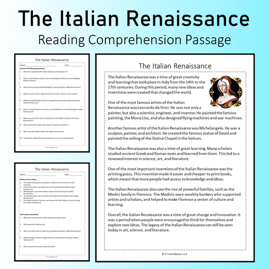 The Italian Renaissance | Reading Comprehension Passage Printable Worksheet