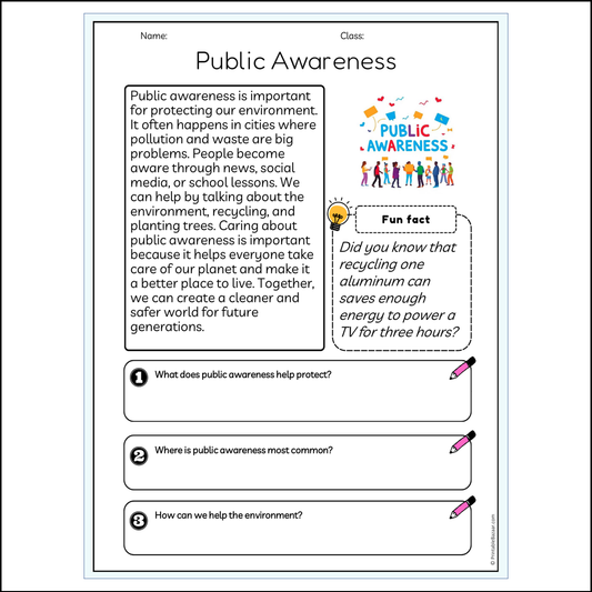 Public Awareness | Reading Passage Comprehension Questions Writing Facts Worksheet