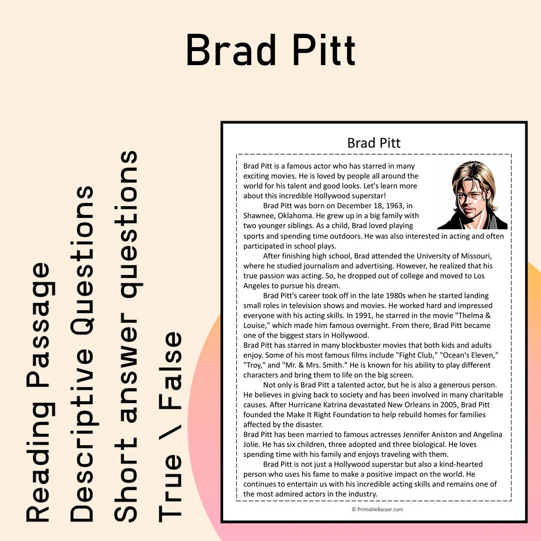 Brad Pitt | Reading Comprehension Passage Printable Activity