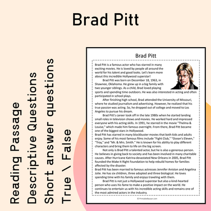 Brad Pitt | Reading Comprehension Passage Printable Activity