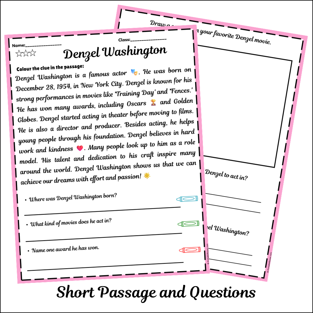 Denzel Washington | Short Reading Comprehension Creative Worksheet