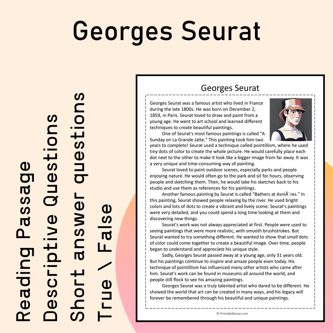 Georges Seurat | Reading Comprehension Passage Printable Activity