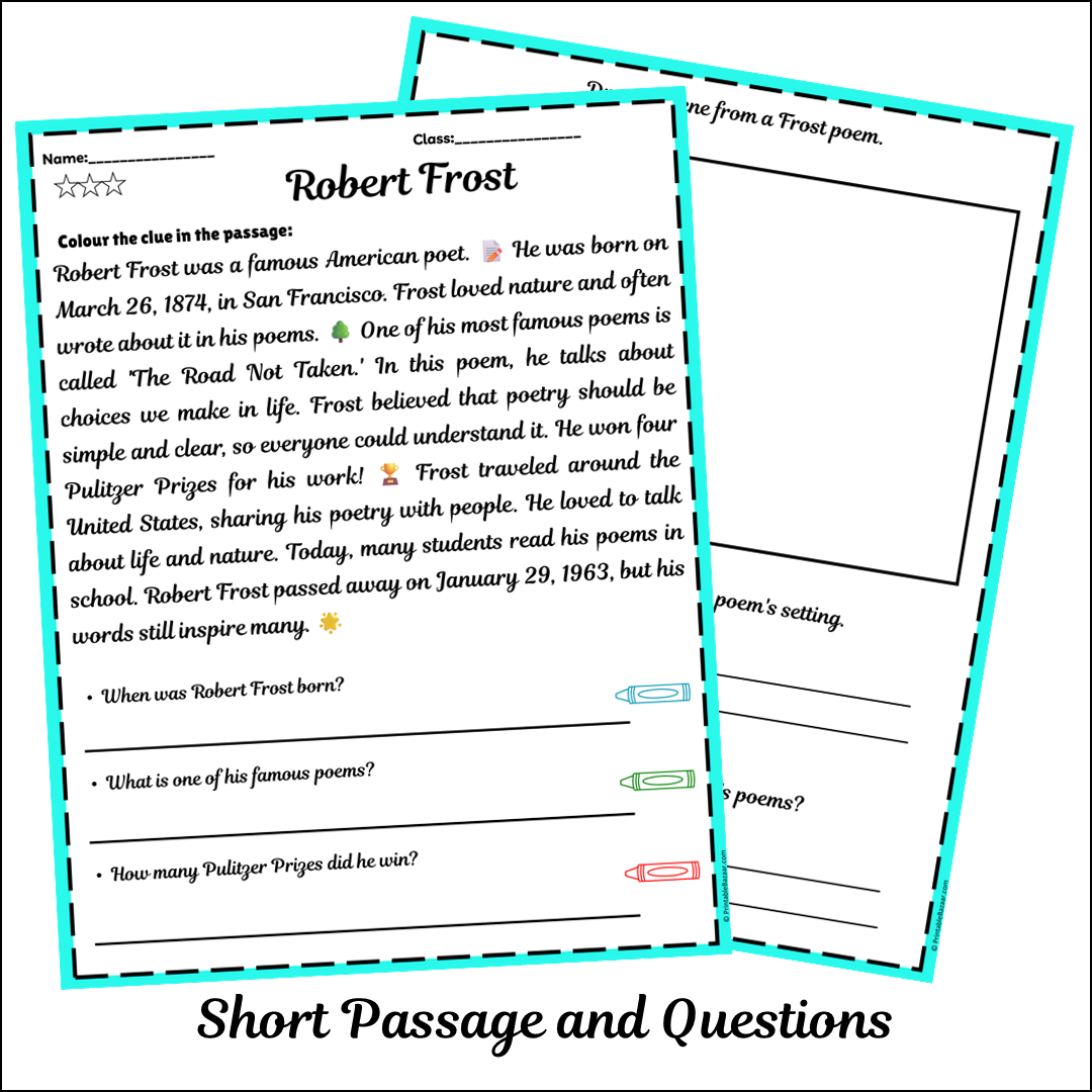 Robert Frost | Short Reading Comprehension Creative Worksheet