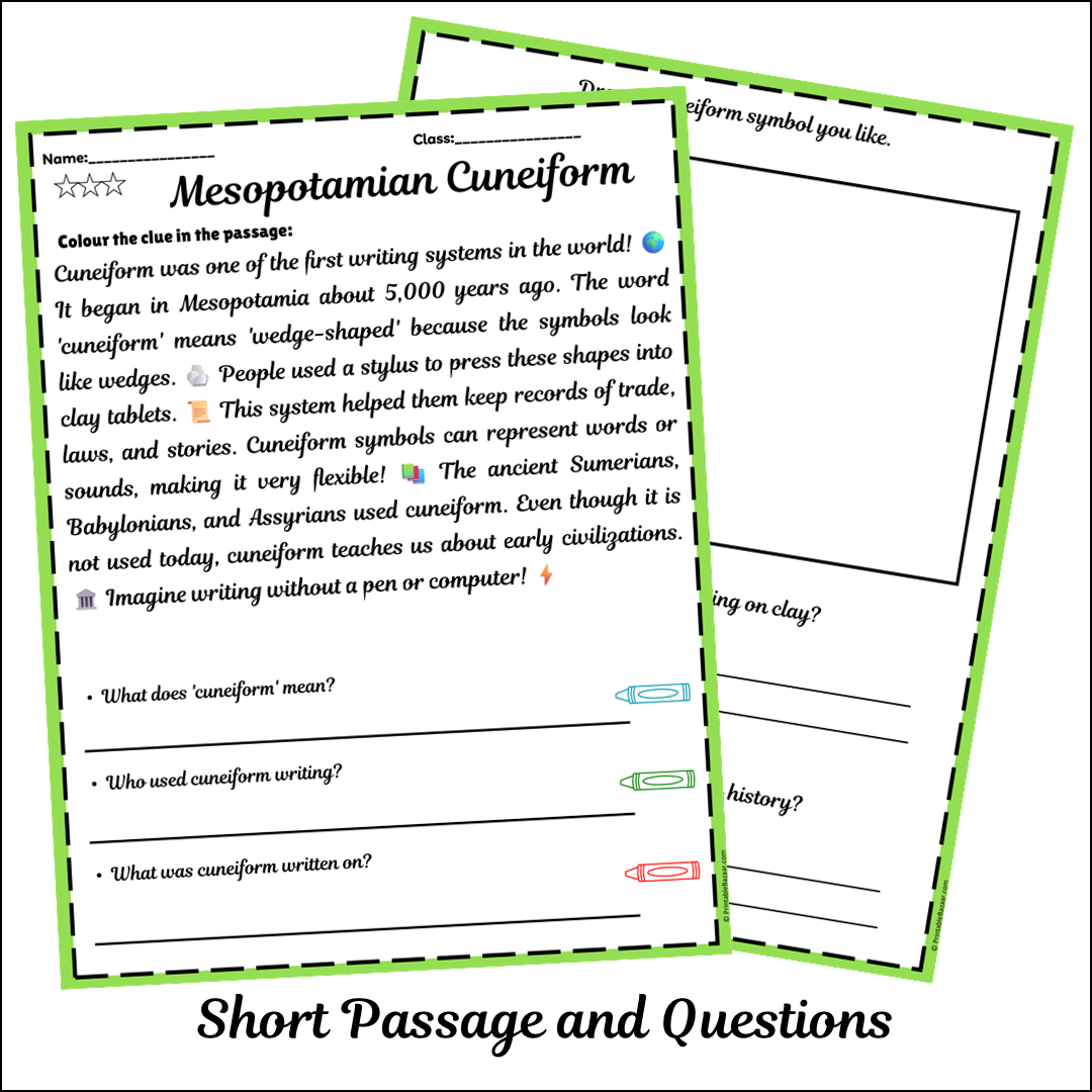 Mesopotamian Cuneiform | Short Reading Comprehension Creative Worksheet
