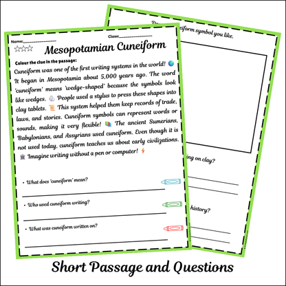 Mesopotamian Cuneiform | Short Reading Comprehension Creative Worksheet