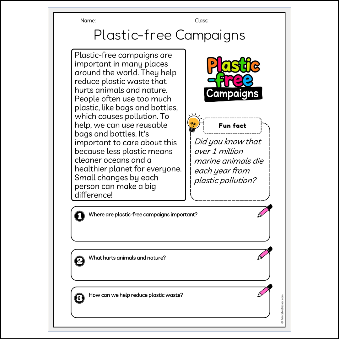 Plastic-free Campaigns | Reading Passage Comprehension Questions Writing Facts Worksheet