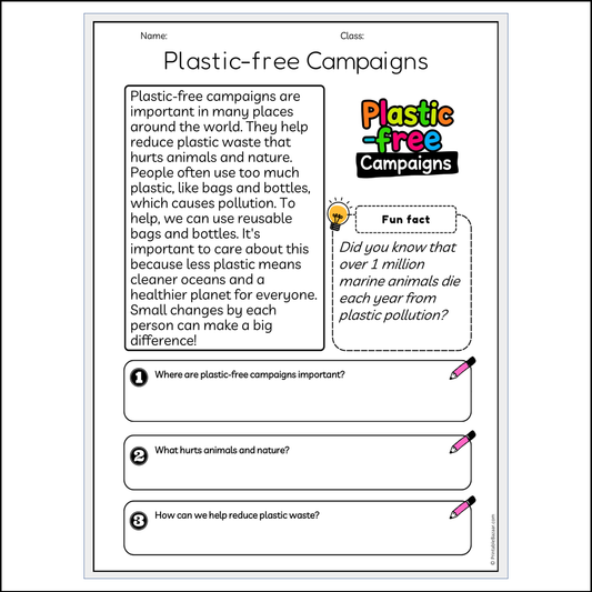 Plastic-free Campaigns | Reading Passage Comprehension Questions Writing Facts Worksheet