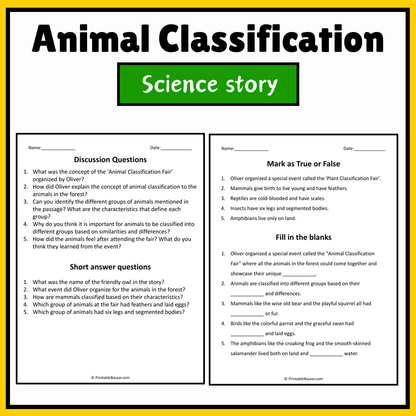 Animal Classification | Science Story Reading Comprehension Activity