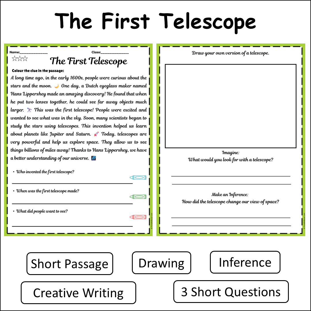 The First Telescope | Short Reading Comprehension Creative Worksheet