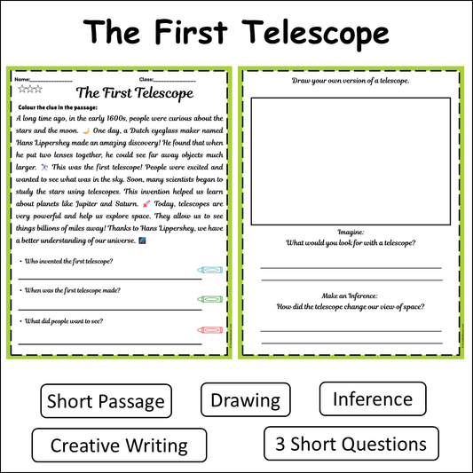 The First Telescope | Short Reading Comprehension Creative Worksheet