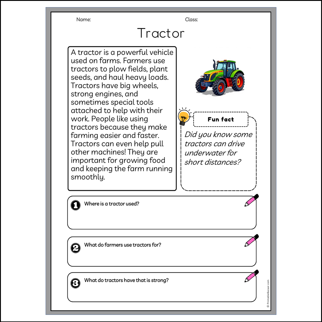 Tractor | Reading Passage Comprehension Questions Writing Facts Worksheet