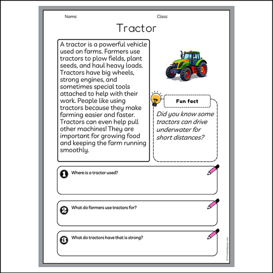 Tractor | Reading Passage Comprehension Questions Writing Facts Worksheet