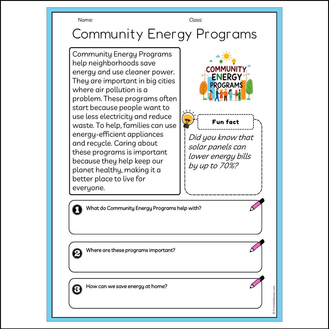 Community Energy Programs | Reading Passage Comprehension Questions Writing Facts Worksheet