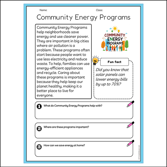 Community Energy Programs | Reading Passage Comprehension Questions Writing Facts Worksheet