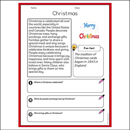 Christmas | Reading Passage Comprehension Questions Writing Facts Worksheet