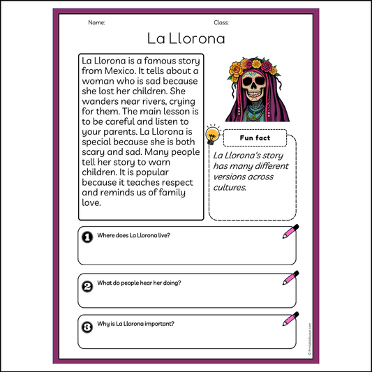 La Llorona | Reading Passage Comprehension Questions Writing Facts Worksheet