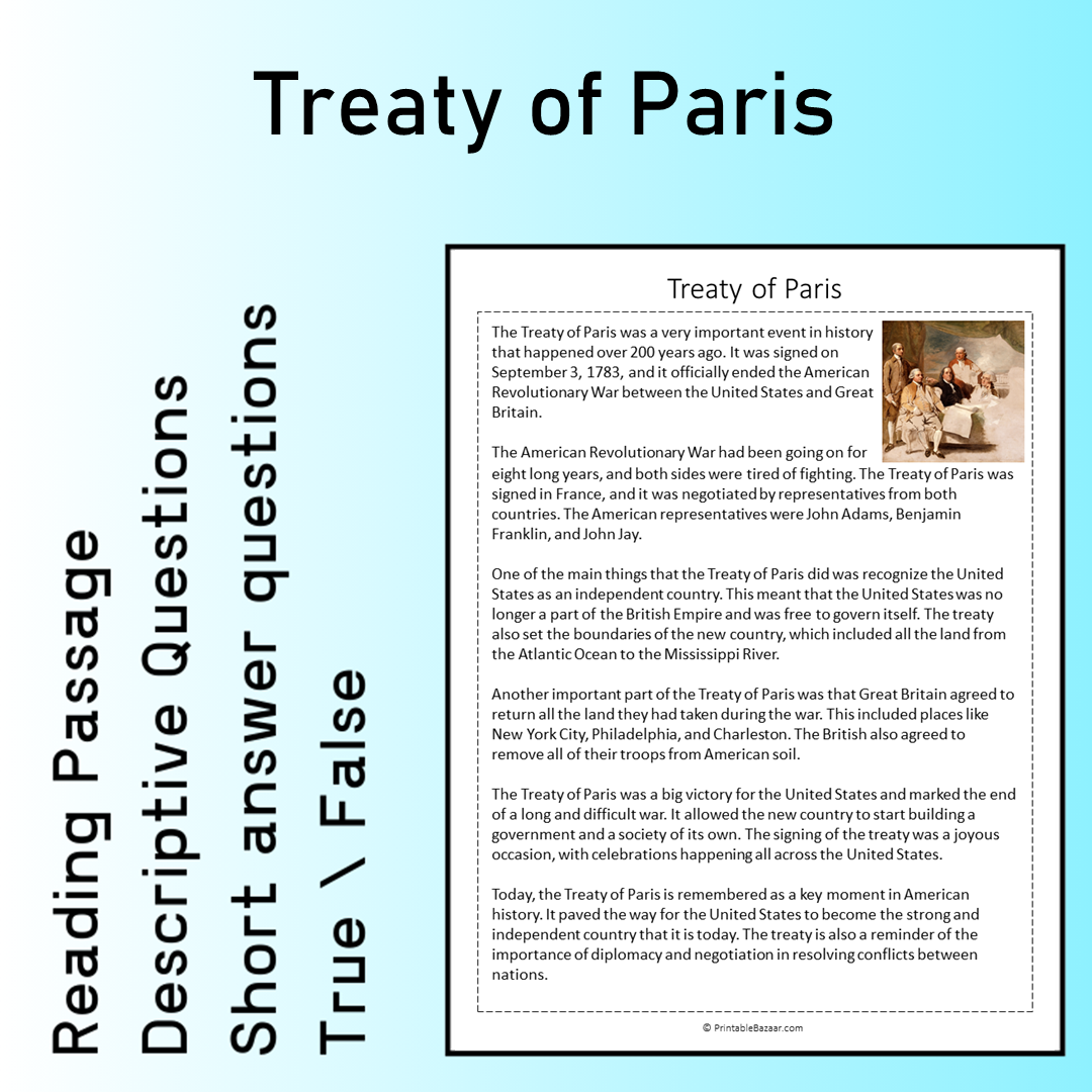 Treaty of Paris | Reading Comprehension Passage Printable Worksheet