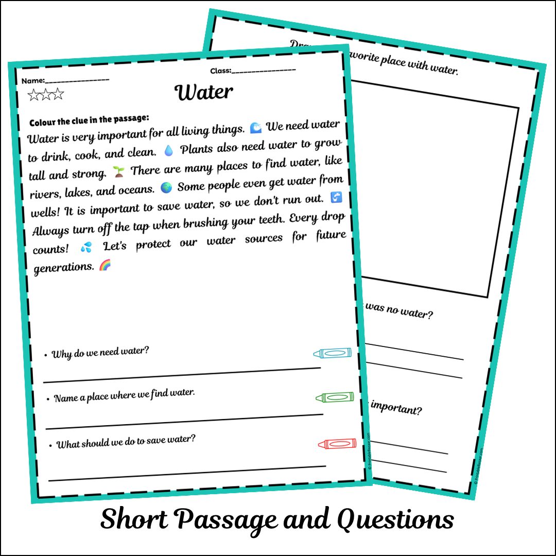 Water | Short Reading Comprehension Creative Worksheet