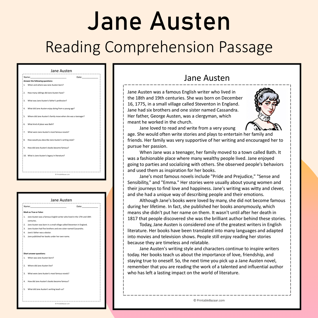 Jane Austen | Reading Comprehension Passage Printable Activity