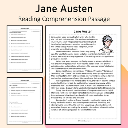 Jane Austen | Reading Comprehension Passage Printable Activity
