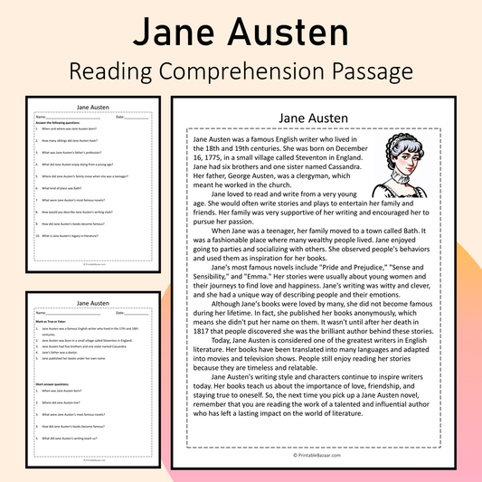 Jane Austen | Reading Comprehension Passage Printable Activity