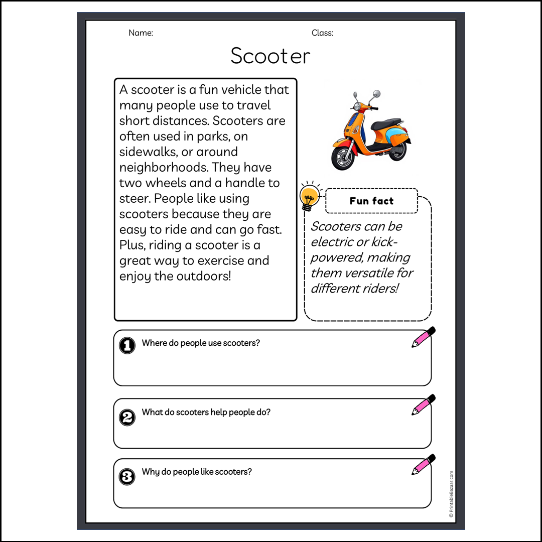 Scooter | Reading Passage Comprehension Questions Writing Facts Worksheet