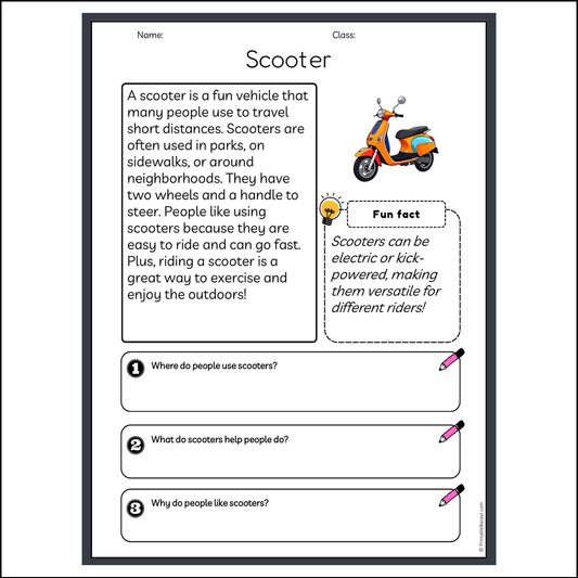 Scooter | Reading Passage Comprehension Questions Writing Facts Worksheet