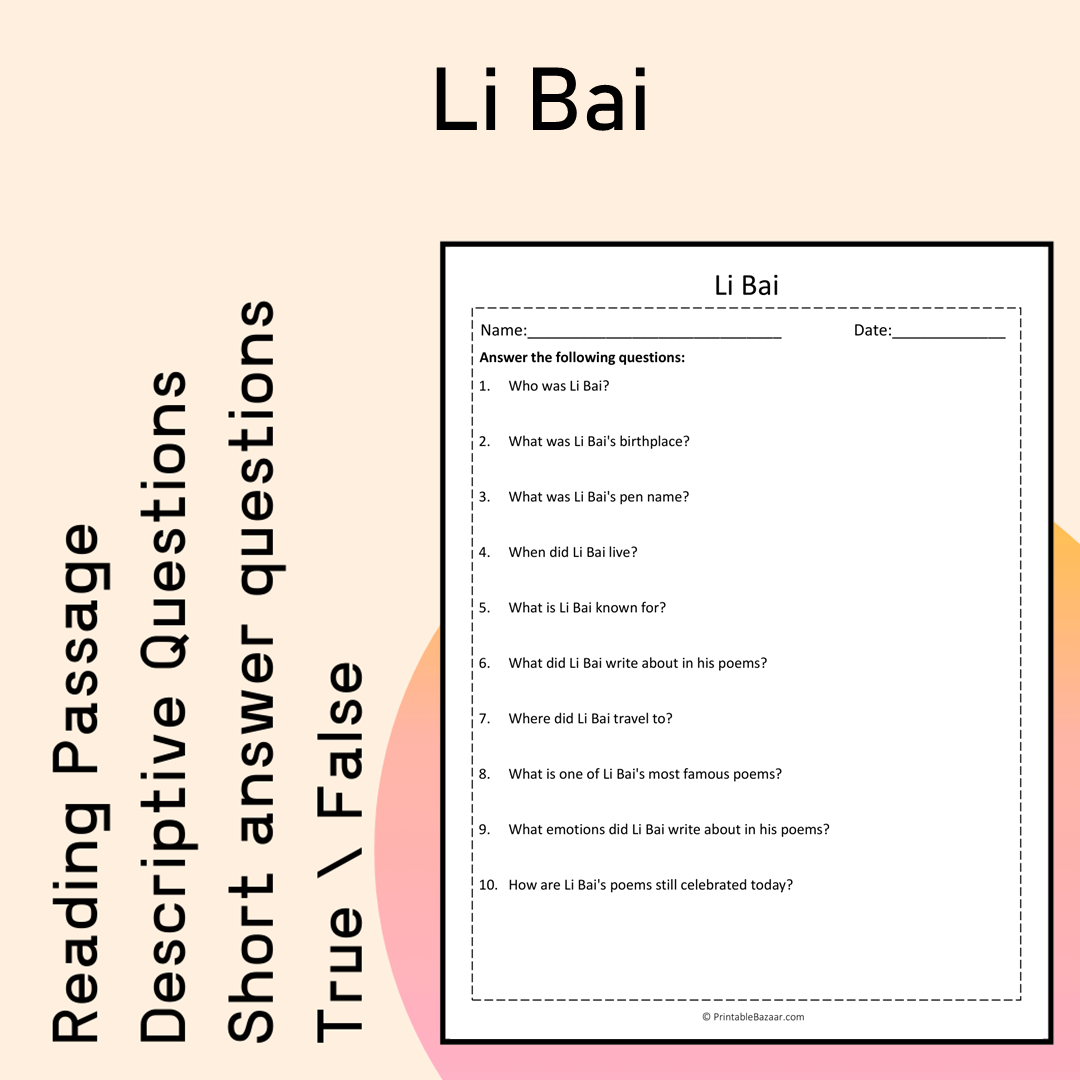 Li Bai | Reading Comprehension Passage Printable Activity