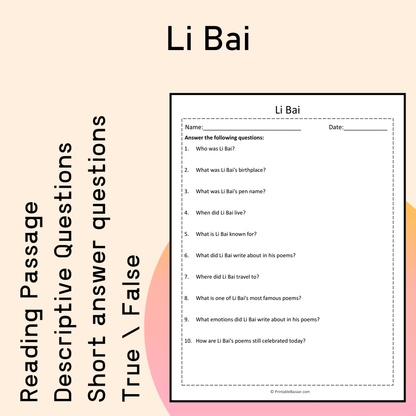 Li Bai | Reading Comprehension Passage Printable Activity