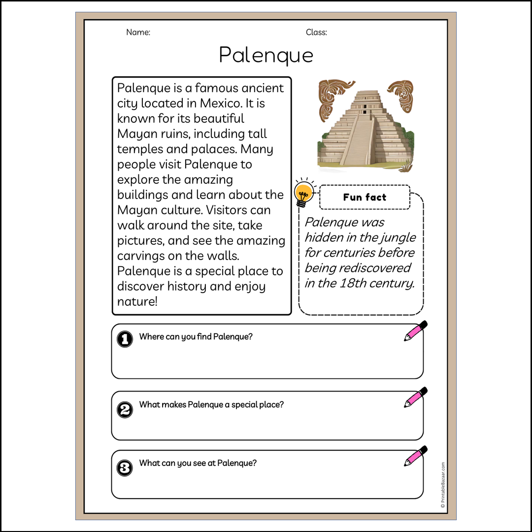Palenque | Reading Passage Comprehension Questions Writing Facts Worksheet