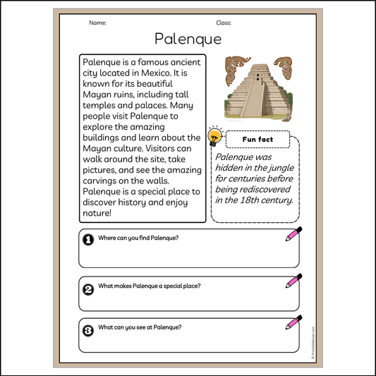 Palenque | Reading Passage Comprehension Questions Writing Facts Worksheet