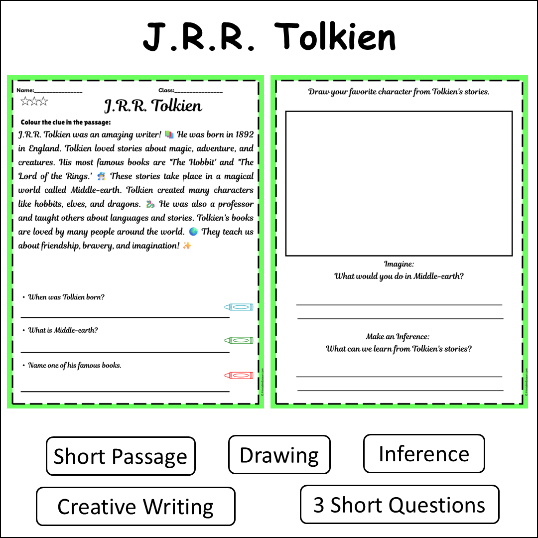 J.R.R. Tolkien | Short Reading Comprehension Creative Worksheet
