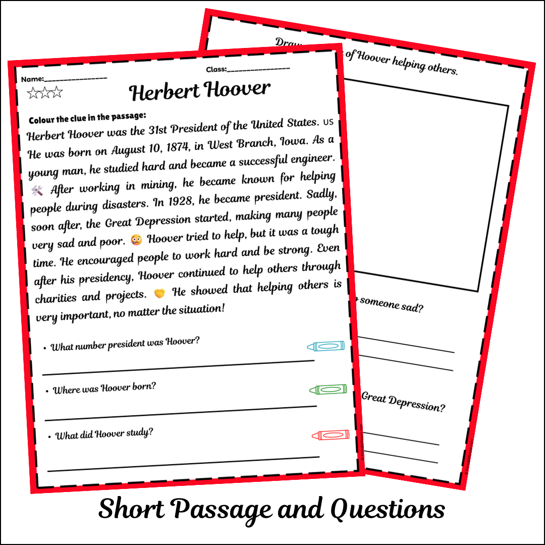 Herbert Hoover | Short Reading Comprehension Creative Worksheet