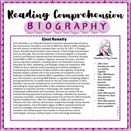 Ginni Rometty | Biography Reading Comprehension and Questions Worksheet