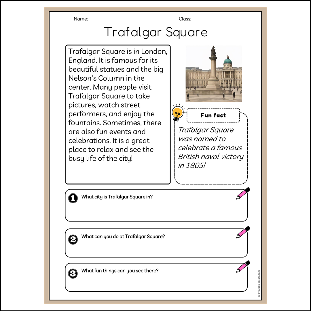 Trafalgar Square | Reading Passage Comprehension Questions Writing Facts Worksheet