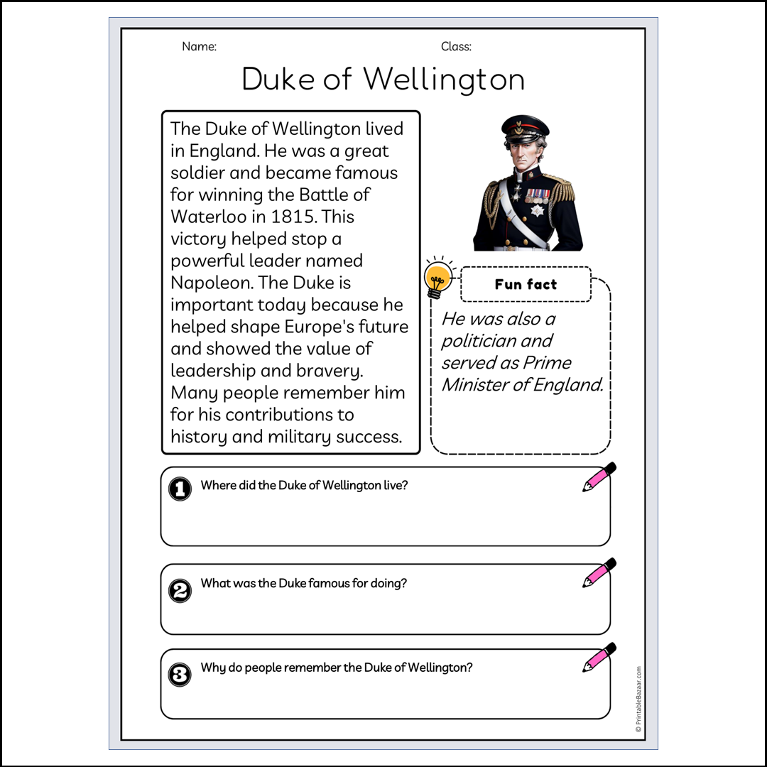 Duke of Wellington | Reading Passage Comprehension Questions Writing Facts Worksheet