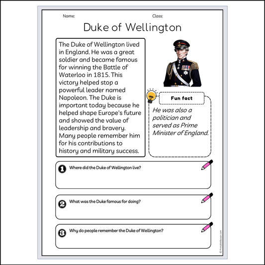 Duke of Wellington | Reading Passage Comprehension Questions Writing Facts Worksheet