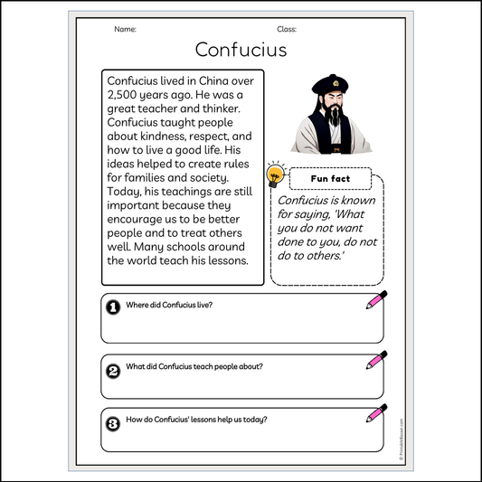 Confucius | Reading Passage Comprehension Questions Writing Facts Worksheet