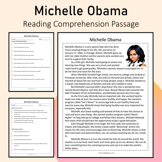 Michelle Obama | Reading Comprehension Passage Printable Activity