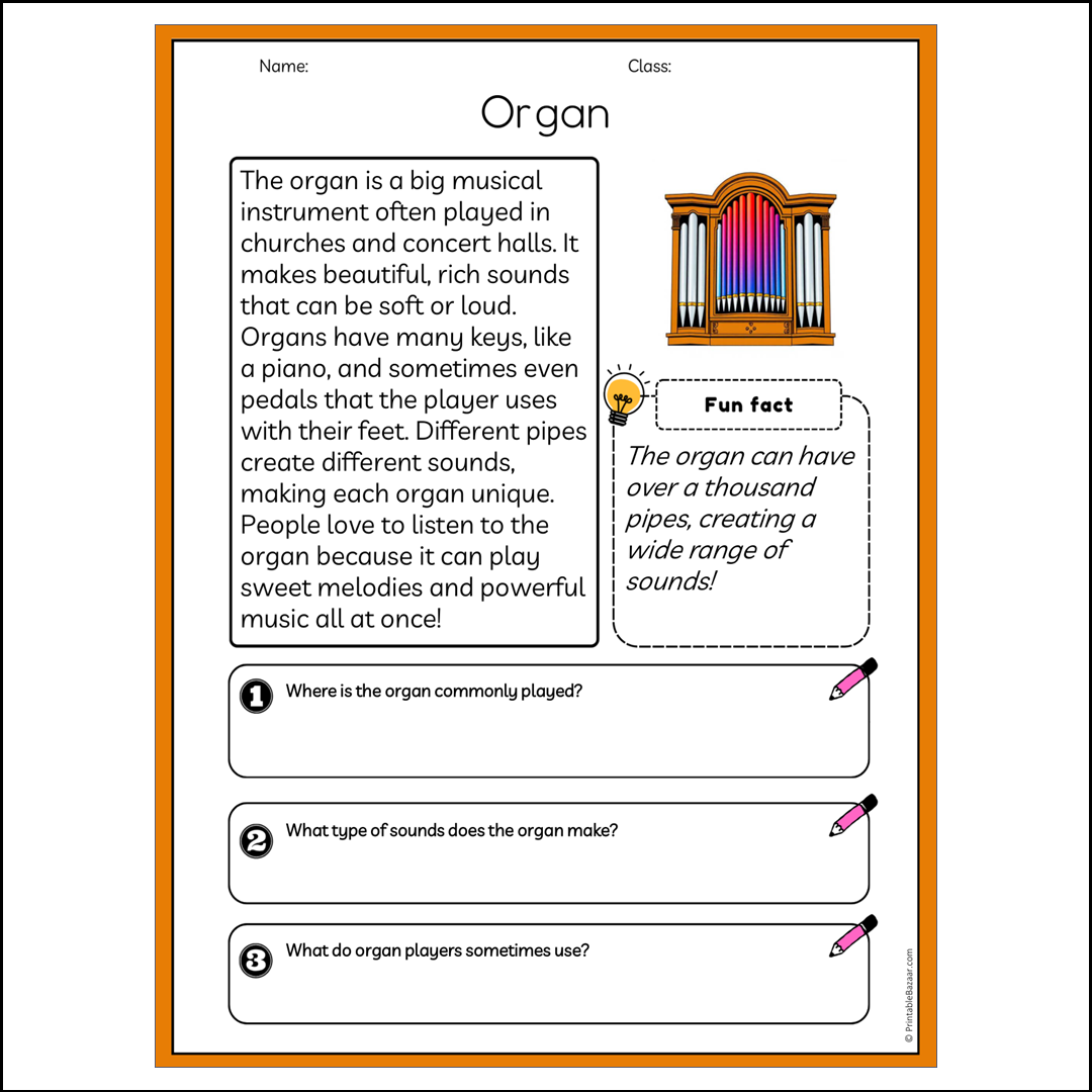 Organ | Reading Passage Comprehension Questions Writing Facts Worksheet