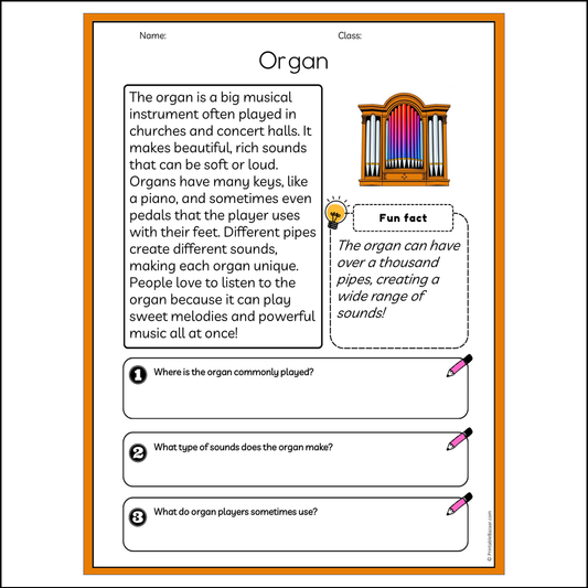 Organ | Reading Passage Comprehension Questions Writing Facts Worksheet