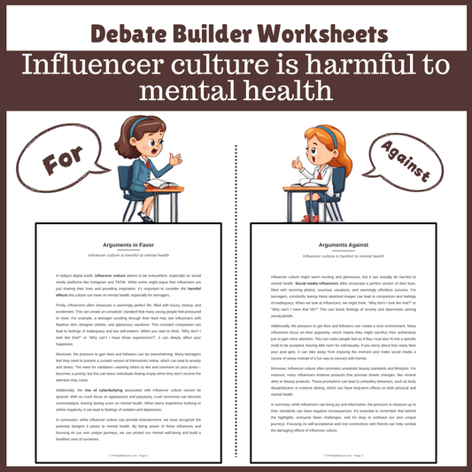 Influencer culture is harmful to mental health | Favour and Against Worksheet Printable Activity