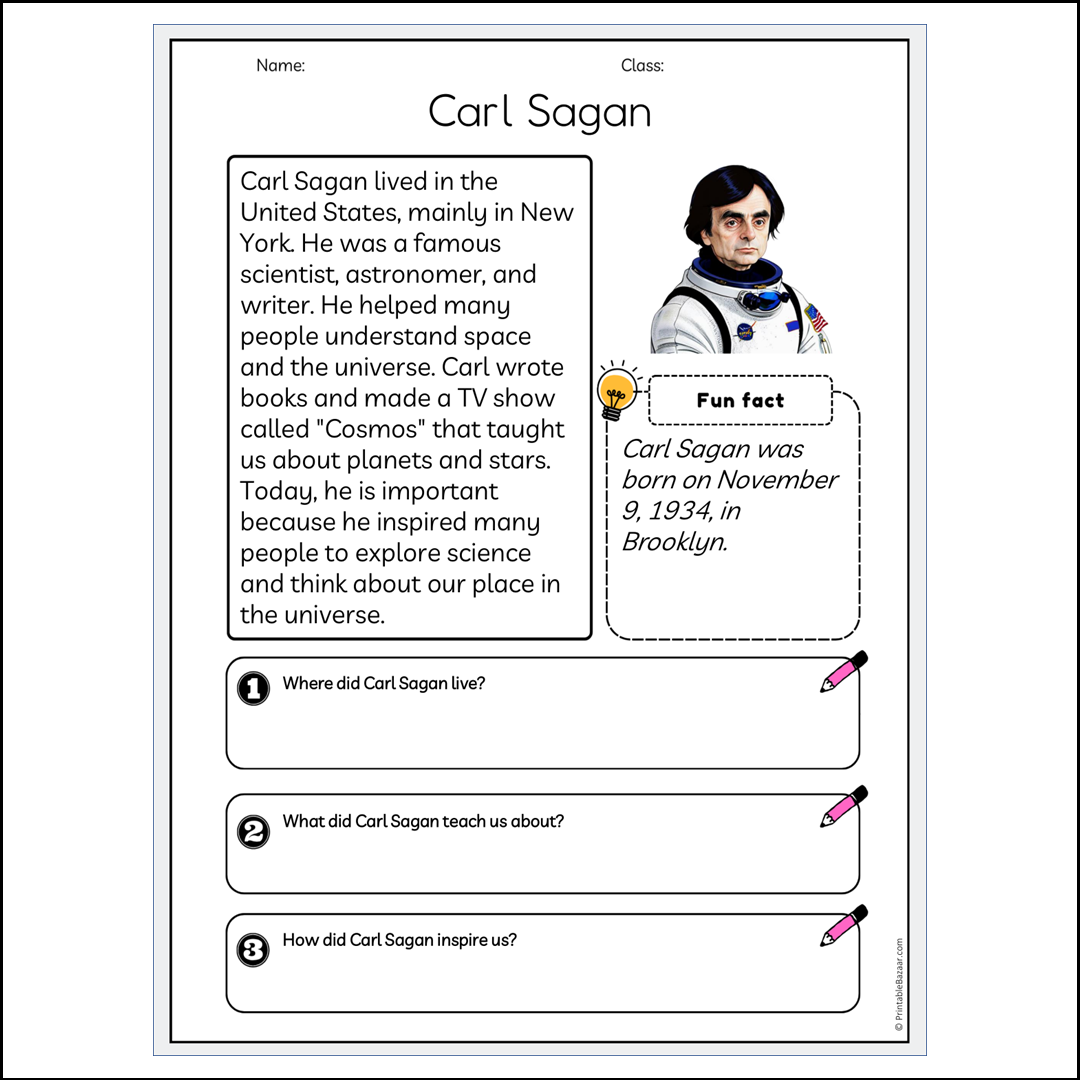 Carl Sagan | Reading Passage Comprehension Questions Writing Facts Worksheet