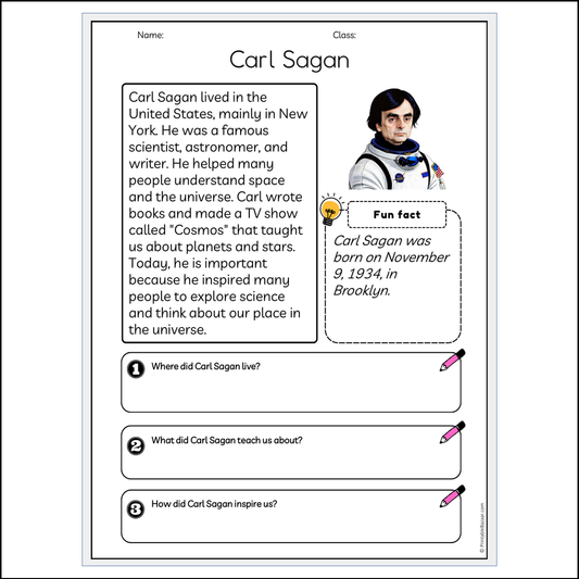 Carl Sagan | Reading Passage Comprehension Questions Writing Facts Worksheet