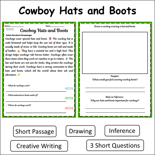 Cowboy Hats and Boots | Short Reading Comprehension Creative Worksheet