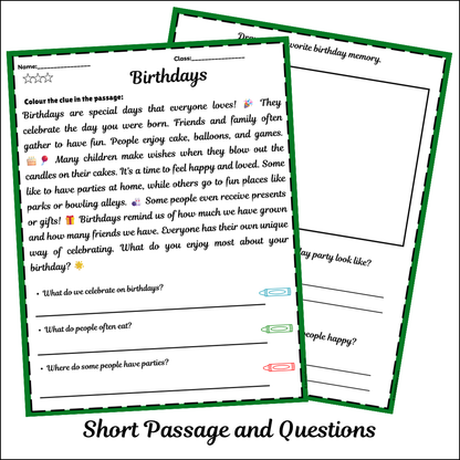 Birthdays | Short Reading Comprehension Creative Worksheet
