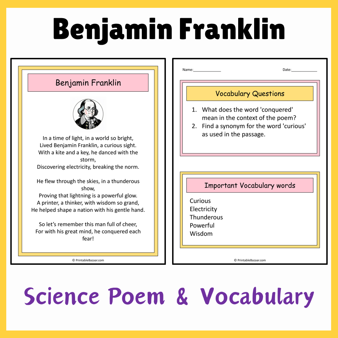 Benjamin Franklin | Science Poem Reading Comprehension Activity